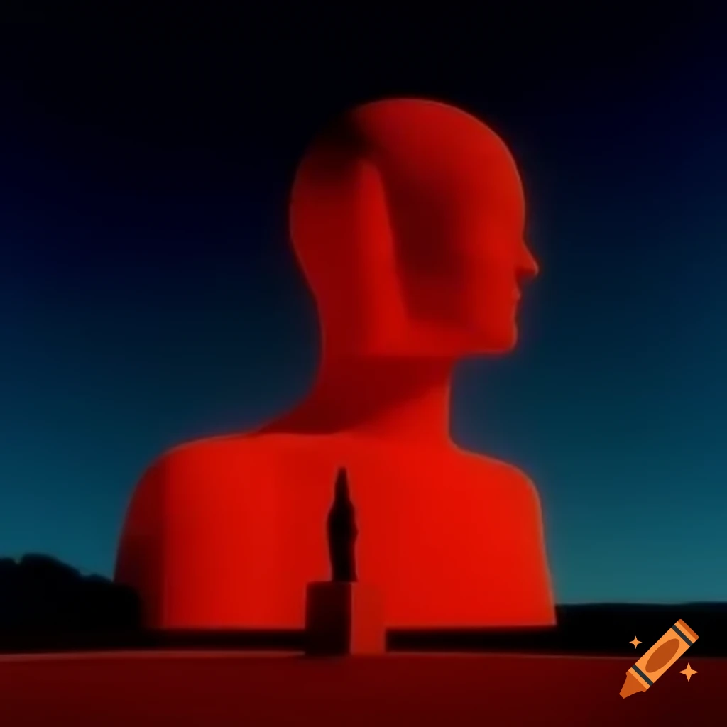 Pop surreal photography featuring red glass statue on vibrant field on