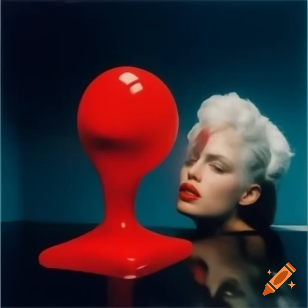 Pop surreal photography featuring red glass statue from the 2000s