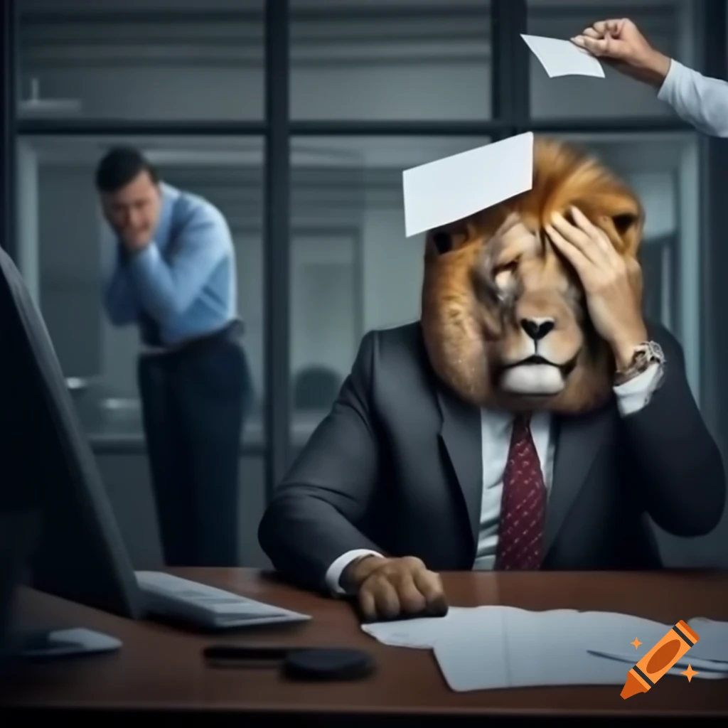 Stressed person in office cubicle with papers thrown above, lion in suit as boss