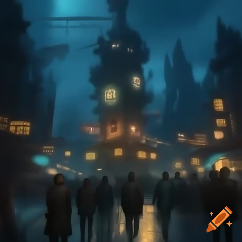 Steampunk city tower sign reading 'Welcome to Gearhaven'