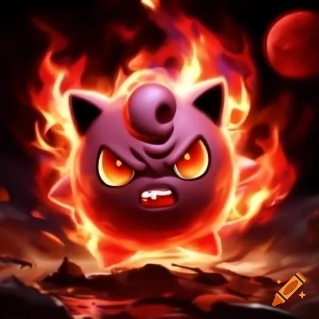 Angry Jigglypuff emerging from fire with crimson lunar eclipse above
