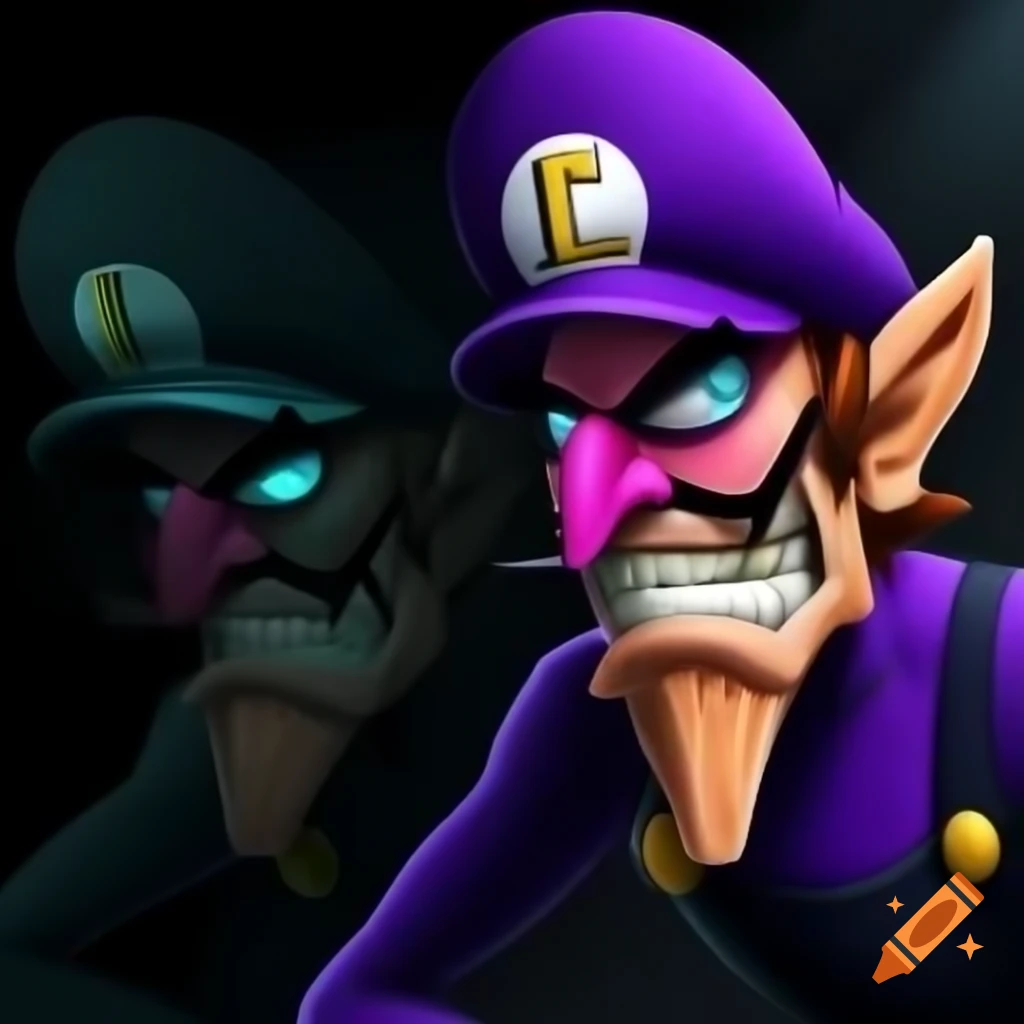 Intense cyborg Waluigi with muscular build in futuristic shadow