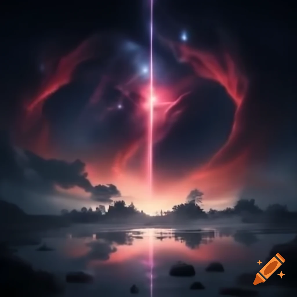 Scarlet beams illuminating twilight fantasy world
