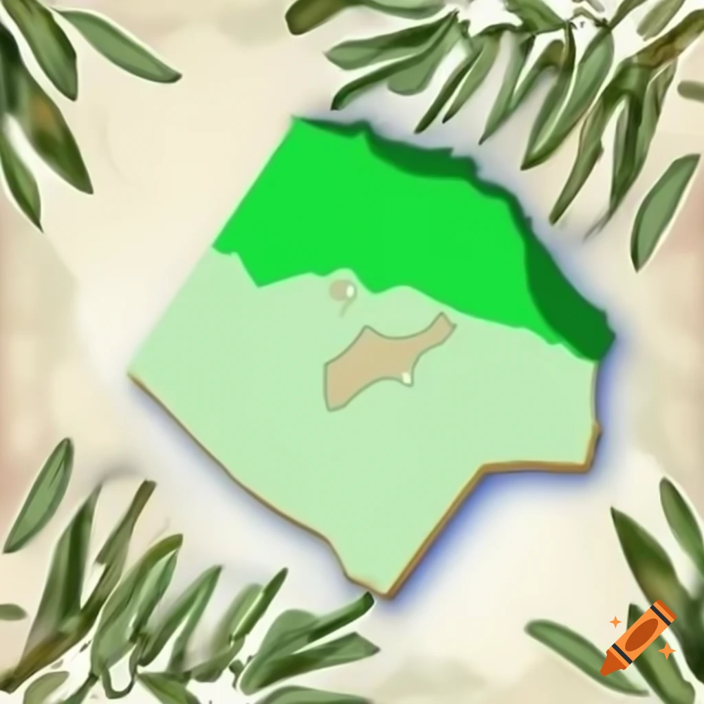 Map of Palestine with olive branches on jade background, cartoon digital painting