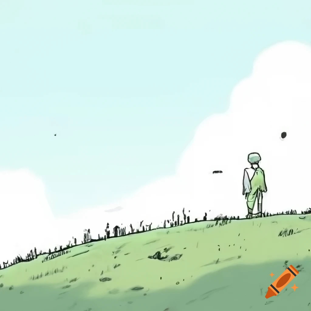 Line drawing of person on hill surrounded by wind and flying leaves