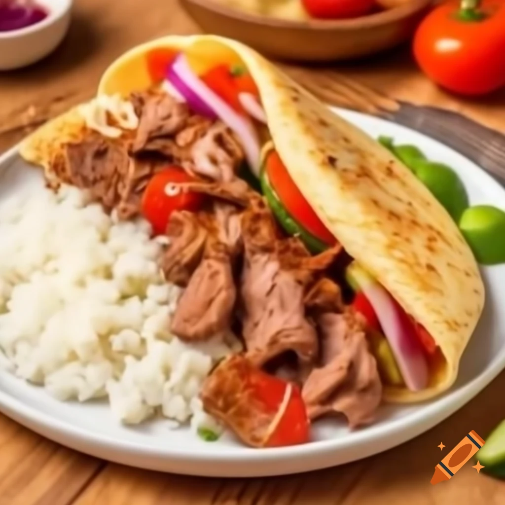 Döner kebab meat slices served with rice and vegetables