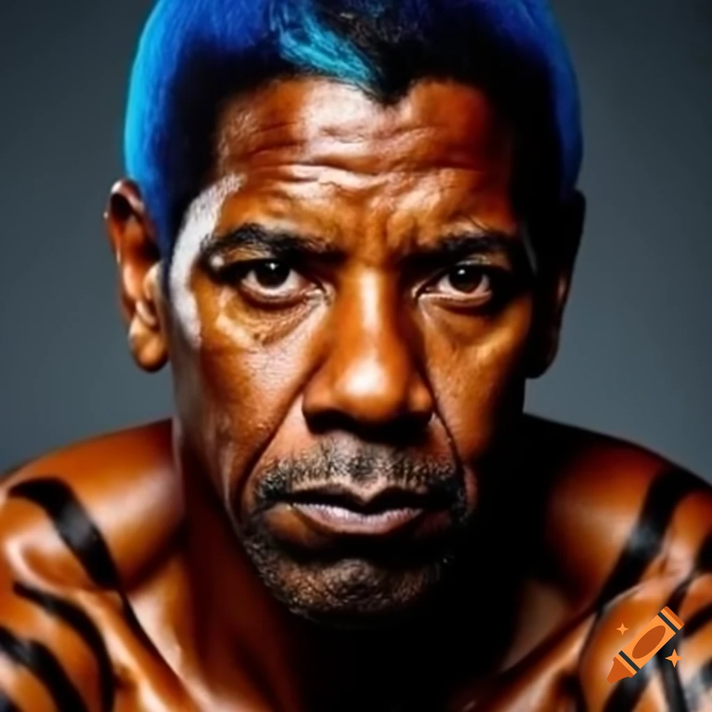 Muscular man with tiger-style makeup features, blue hair and orange skin with black stripes