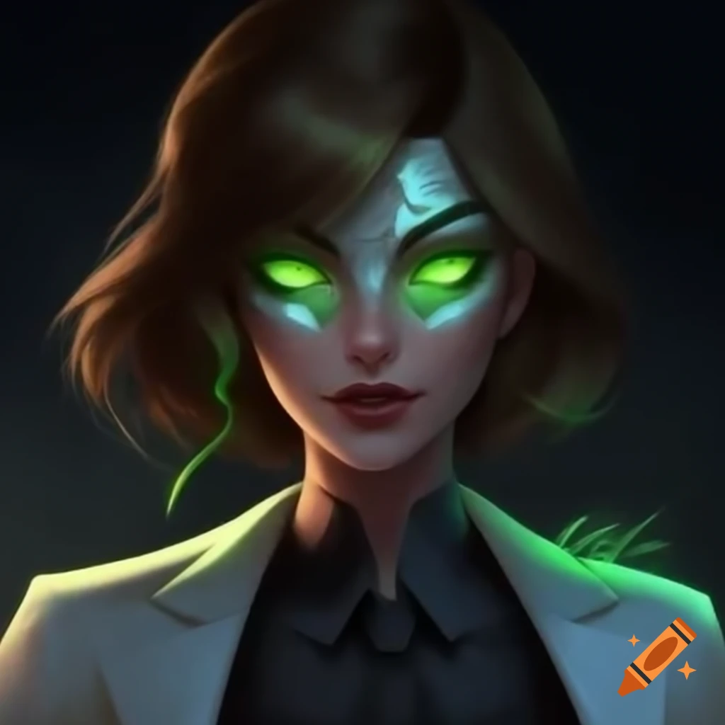Woman with glowing green eyes and white mask in secretary suit