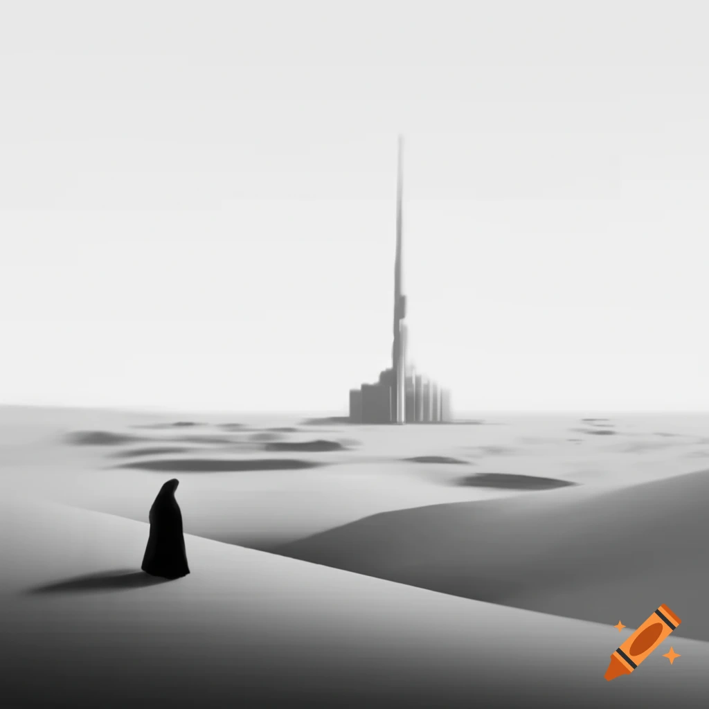 Minimalist ink drawing of desert inhabitant in vintage sci-fi surreal style
