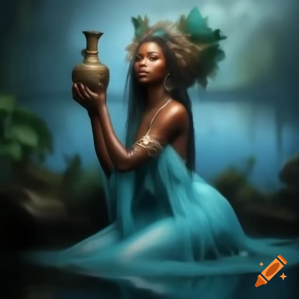 Jamaican woman in flowing light blue dress kneeling by a lake with antique vase