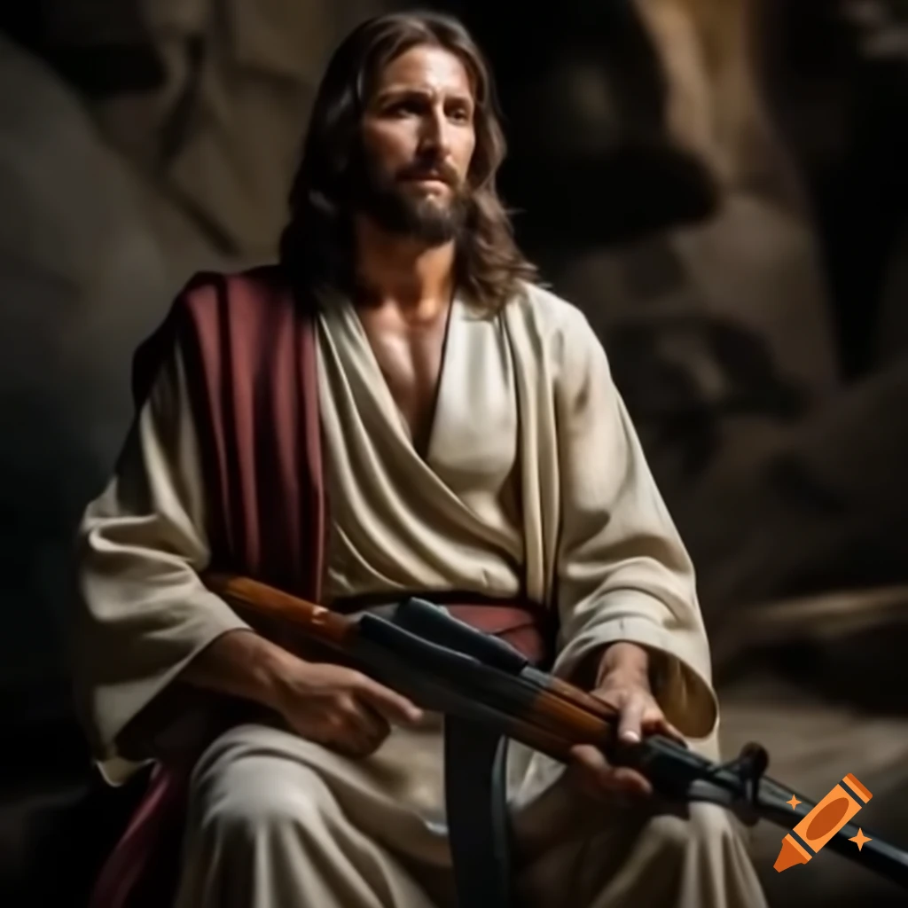 Unconventional portrayal of Jesus holding a rifle