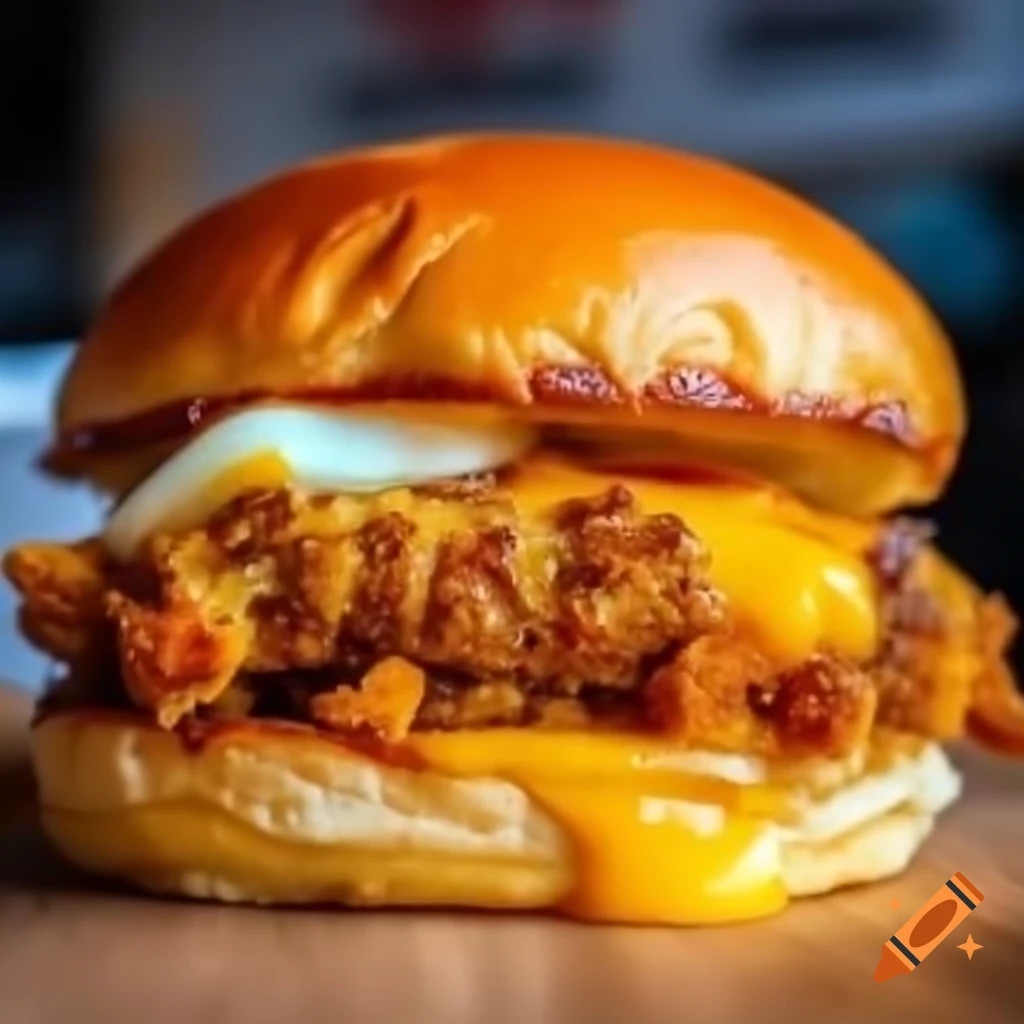 Burger with chicken, halloumi, onion, and egg toppings