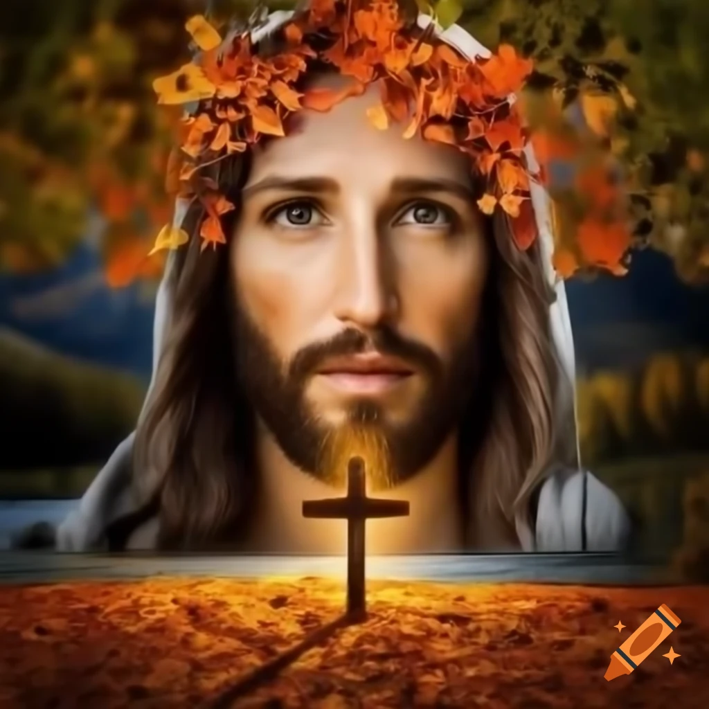 Jesus face with cross amidst falling autumn leaves and scenic hills on