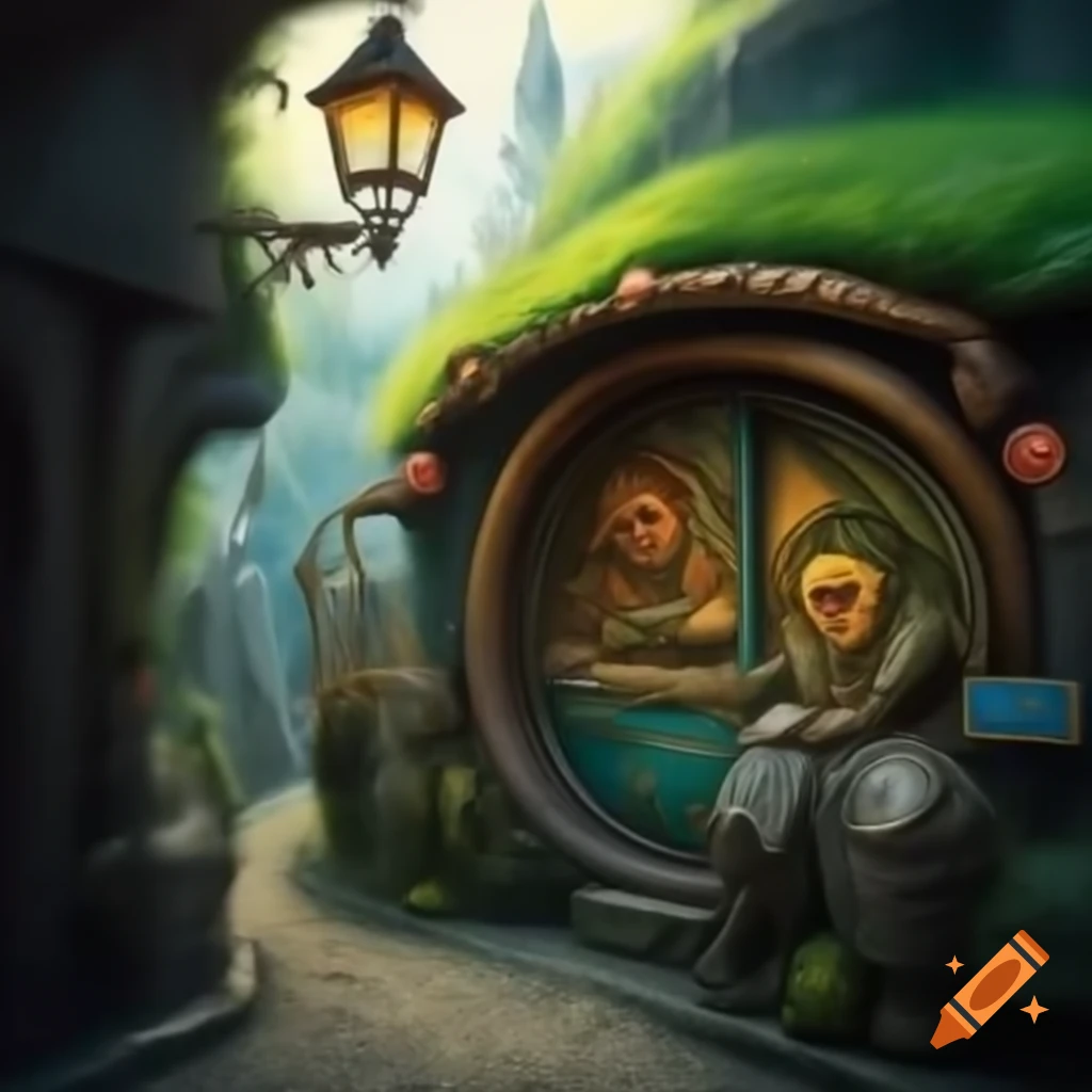 Hobbit house on street in Budapest with astronaut