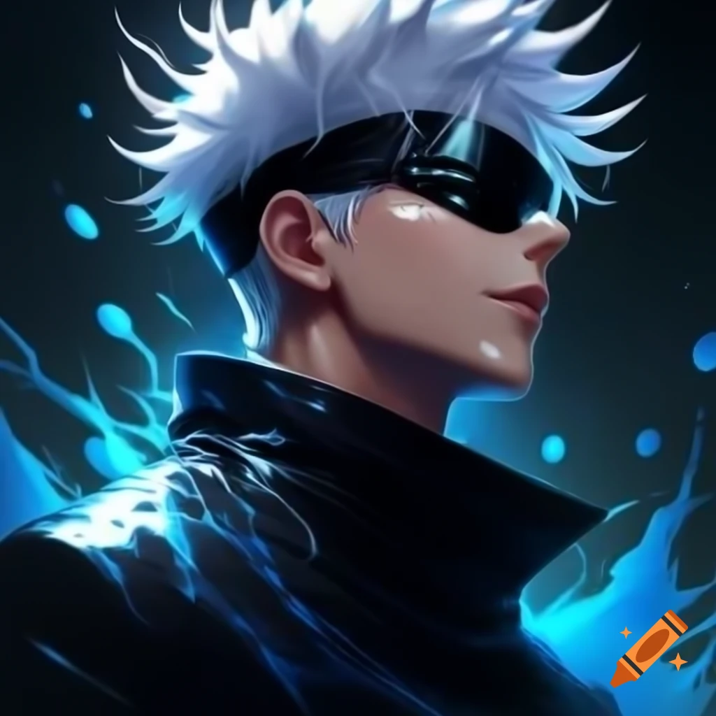Ultra-realistic close-up profile of Gojo Satoru with spiked electric blue hair and splashing water