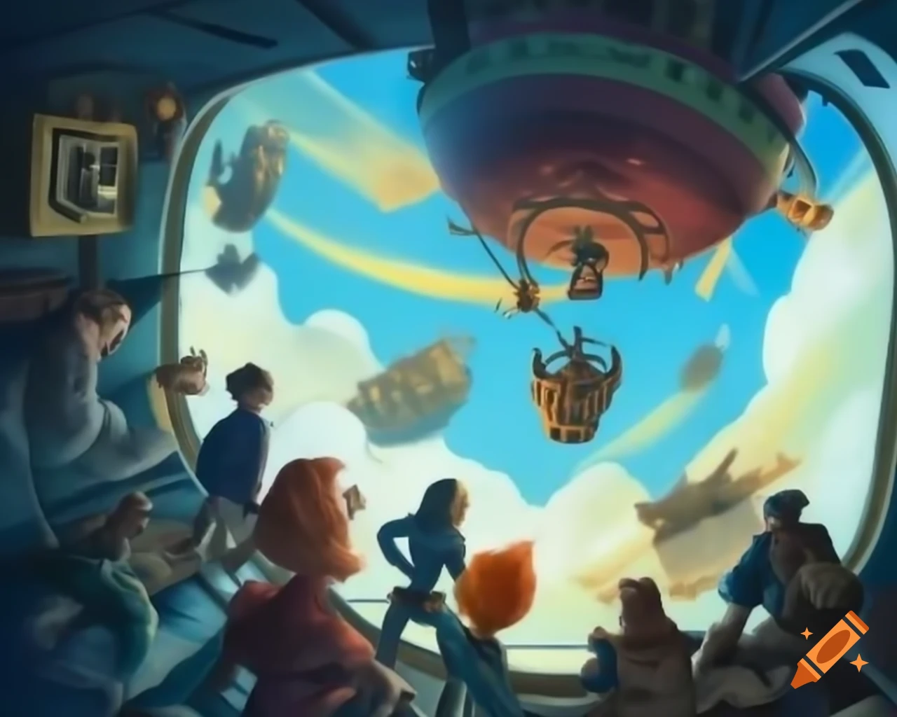Steampunk airship soaring through clouds with clockwork and brass design