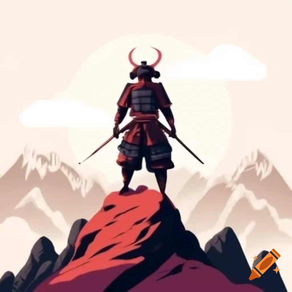 Samurai standing on mountain top with hands down and looking up