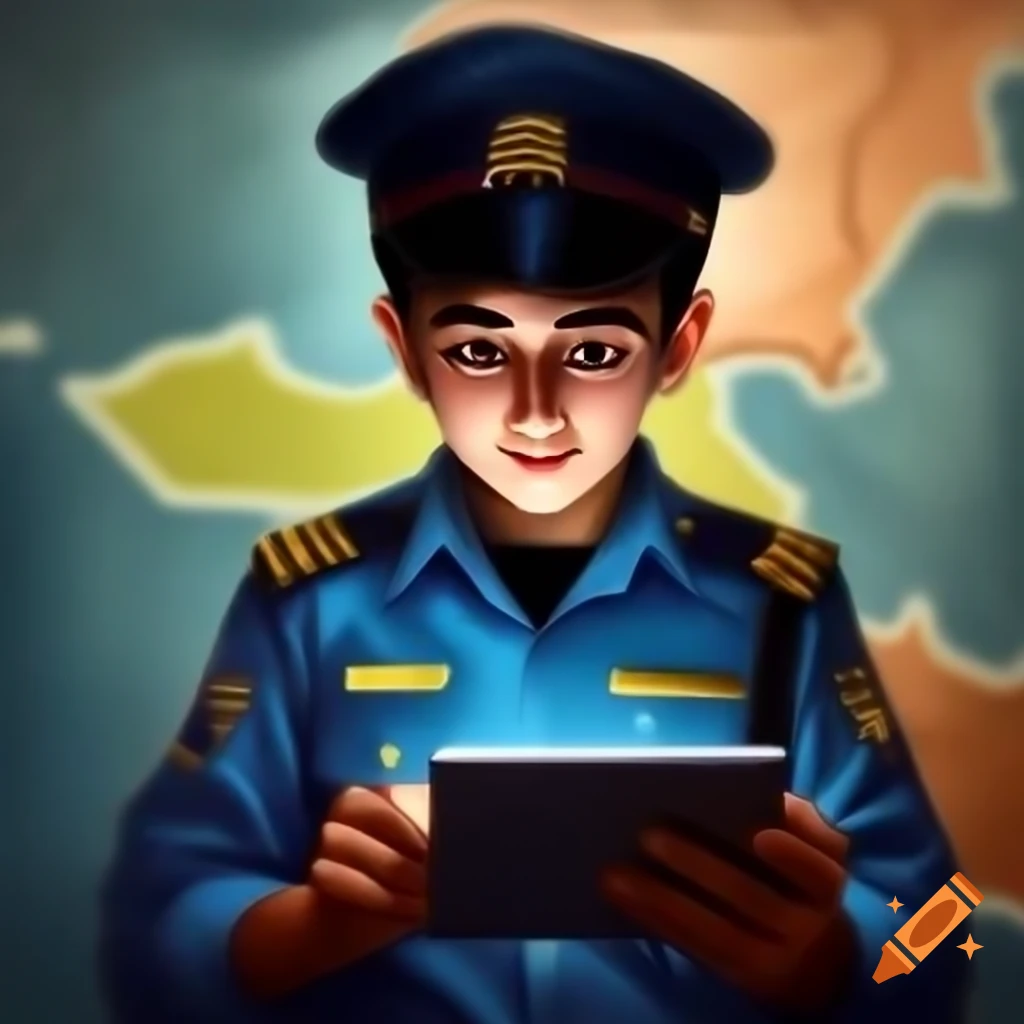 Young Iranian policeman using tablet with digital map of Iran