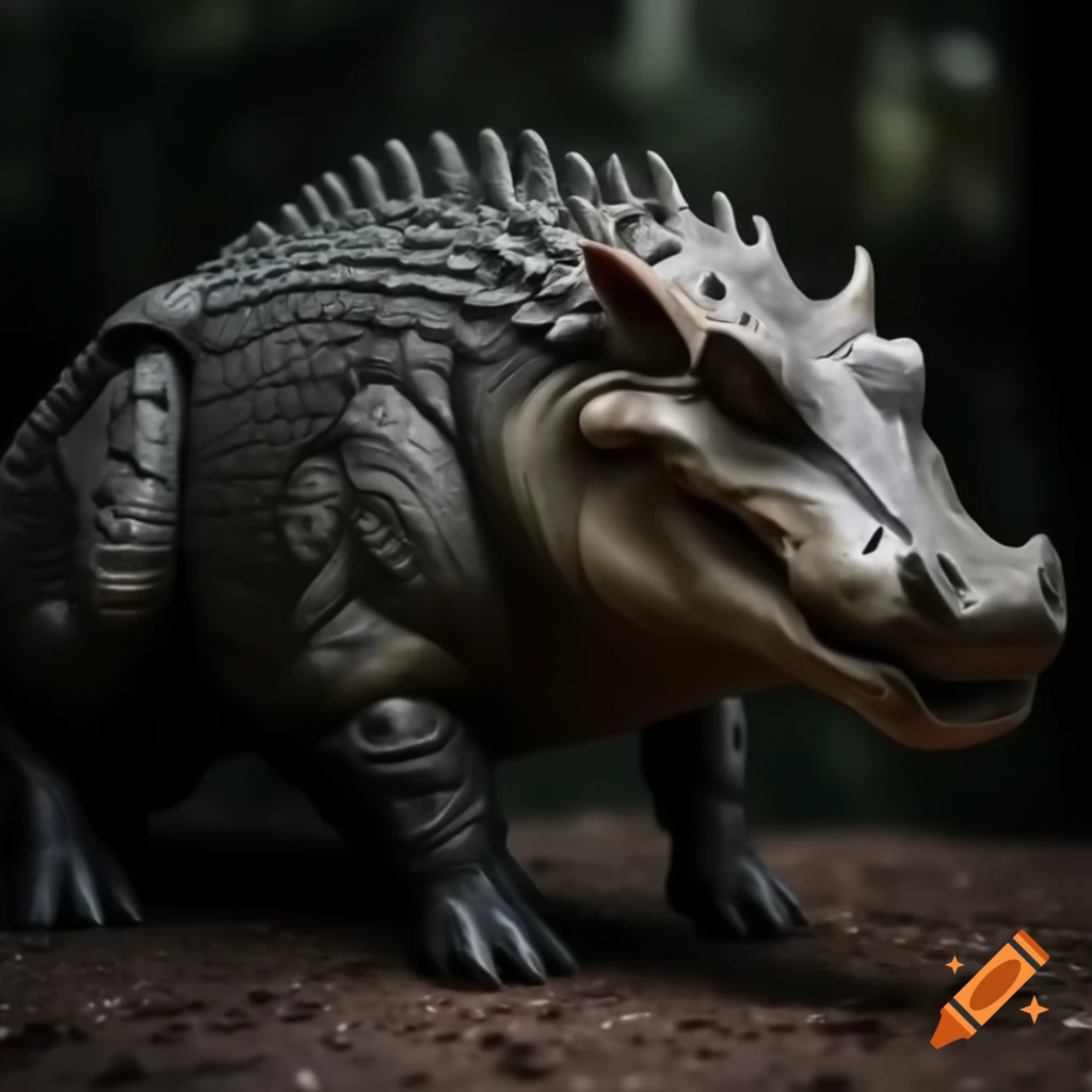 Hyper realistic fantasy creature hybrid of wild boar and crocodile with fur and scales