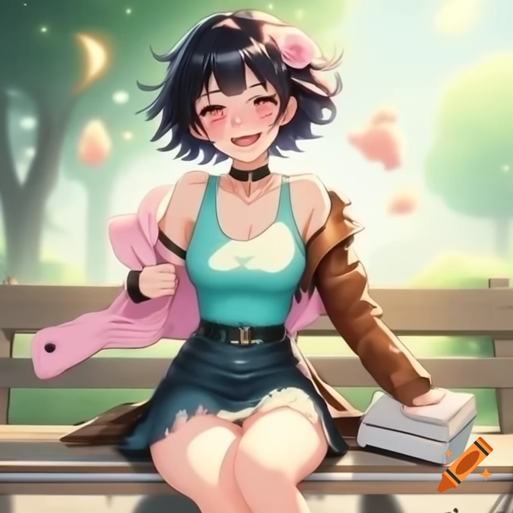 Anime character Luna playfully sitting on park bench with sketchbook
