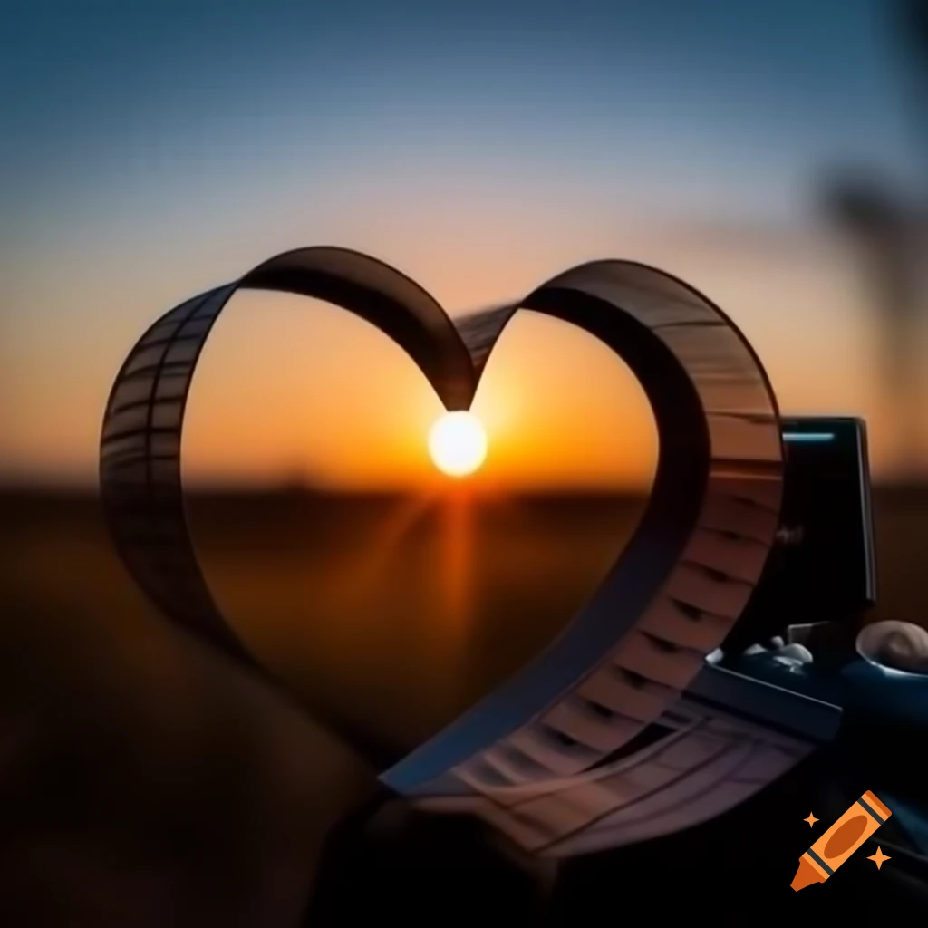 Camera film strips shaped as a heart beside a camera at sunset