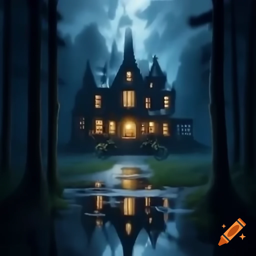 Mansion in wooded area at night during rain, dark fantasy atmosphere