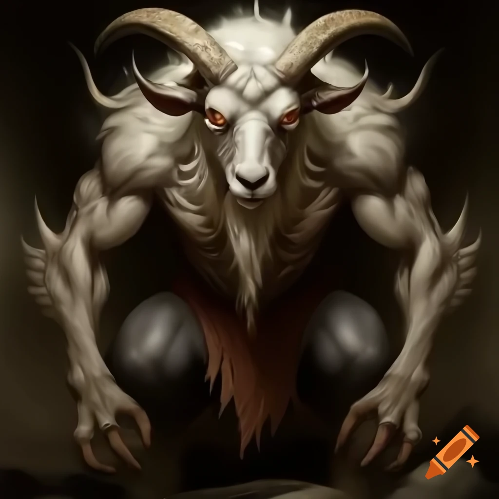Goat-headed demon with large horns and muscular build in standing posture, 4k oil painting