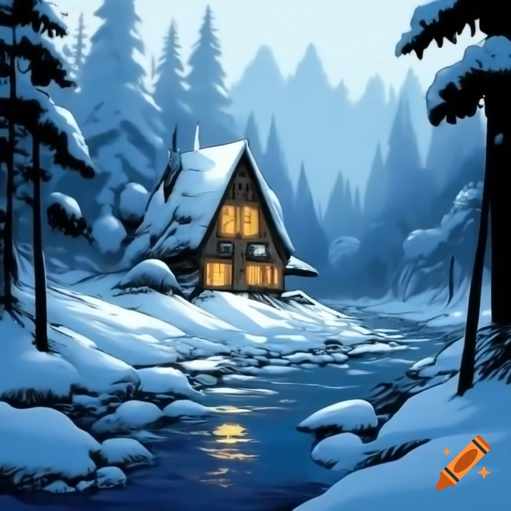 Picturesque wooden cabin among snow-laden pines with rushing river