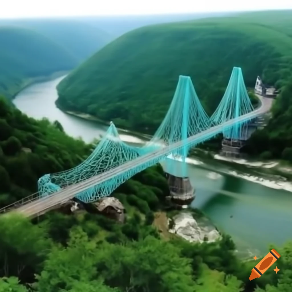 Teal wavy suspension bridge over thick river in northeast united states