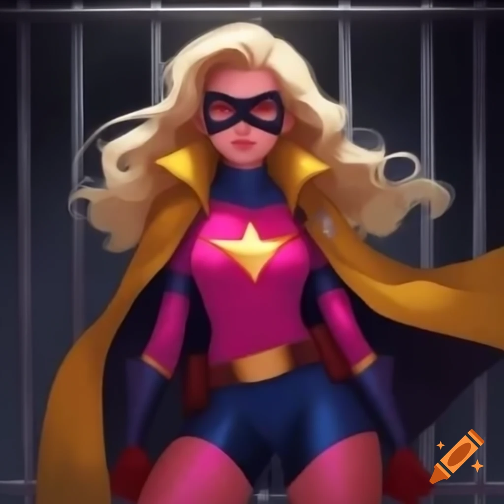 Stylish youthful female superhero in bright armor and pink mask ready for action