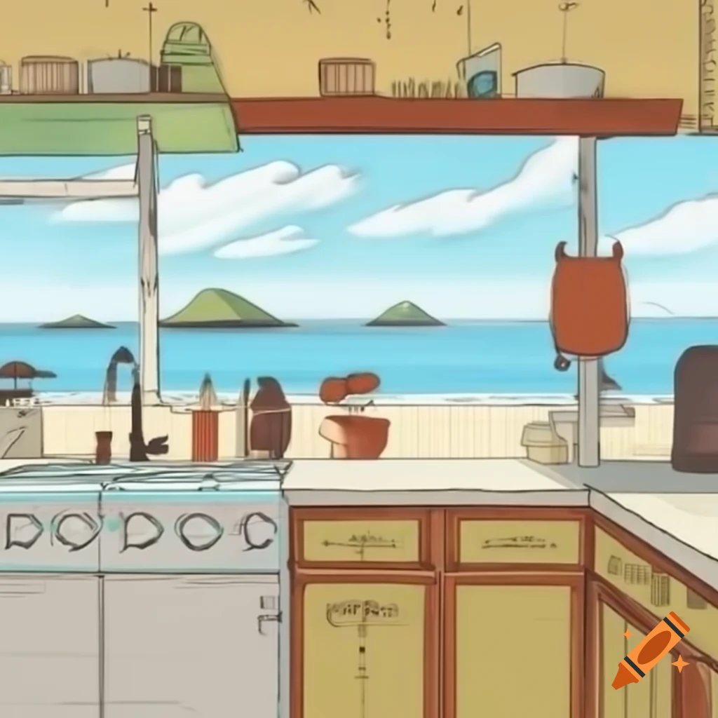 Manga style kitchen on a Pacific island beach