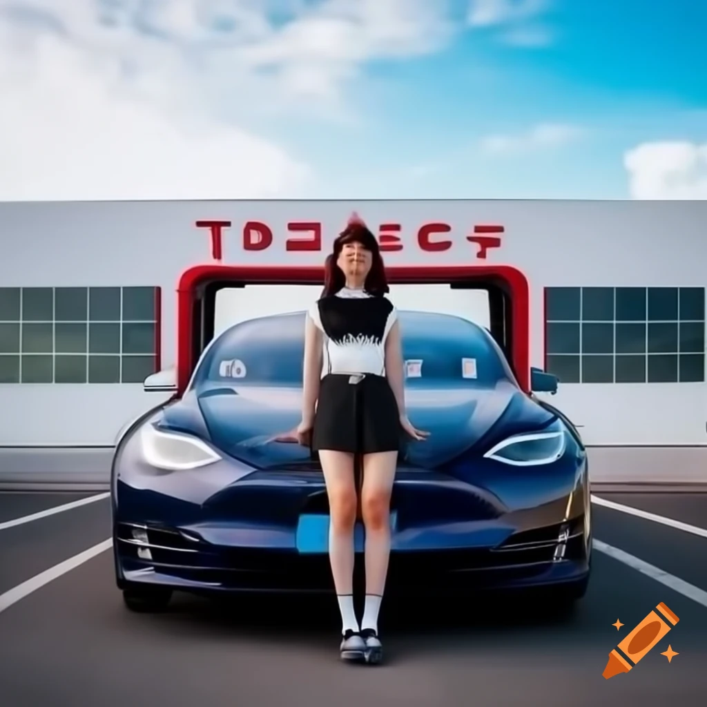 Taiwan woman standing in front of Tesla Model Y
