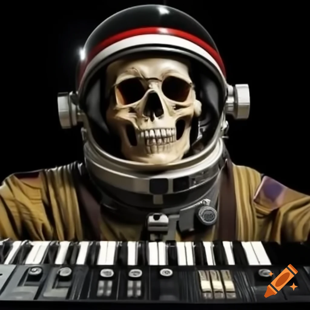 Astronaut skull in helmet with Moog synthesizer keyboard