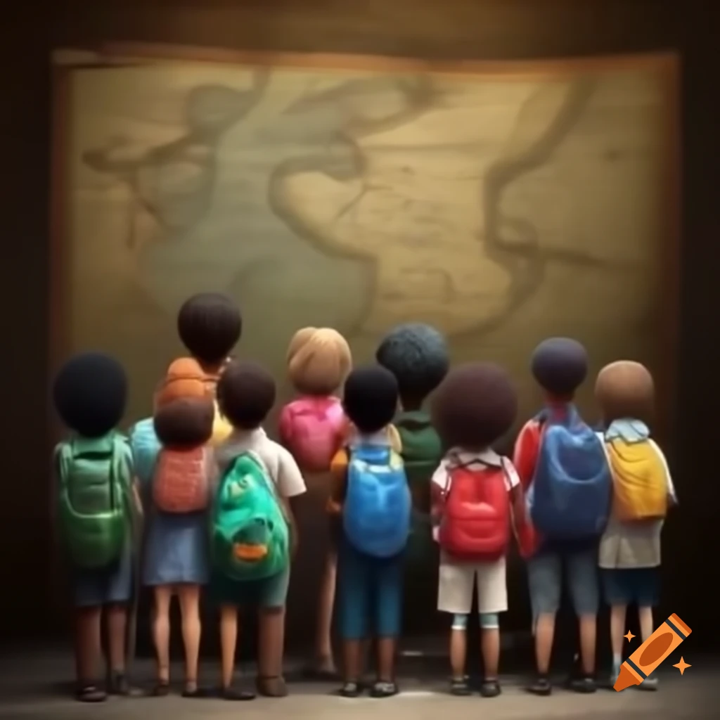 Diverse group of children exploring an old map