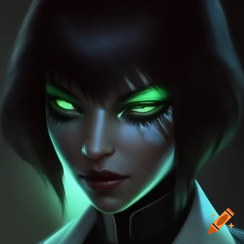 Woman with glowing green eyes and white mask in secretary suit
