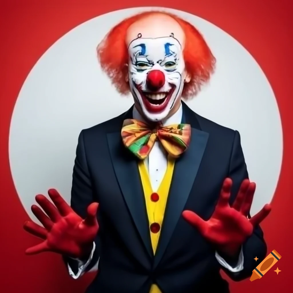 Smiling clown in suit against white and red background