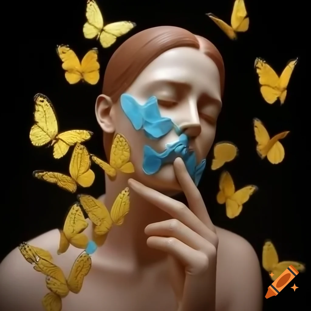 Sculpture of a woman transforming into golden butterflies