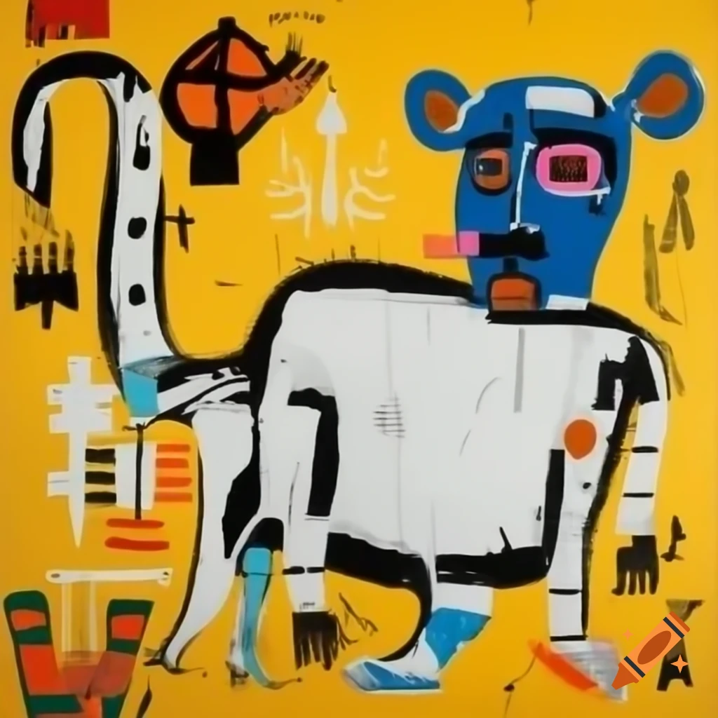 Winter zoo painting combining styles of Jean-Michel Basquiat and Wifredo Lam