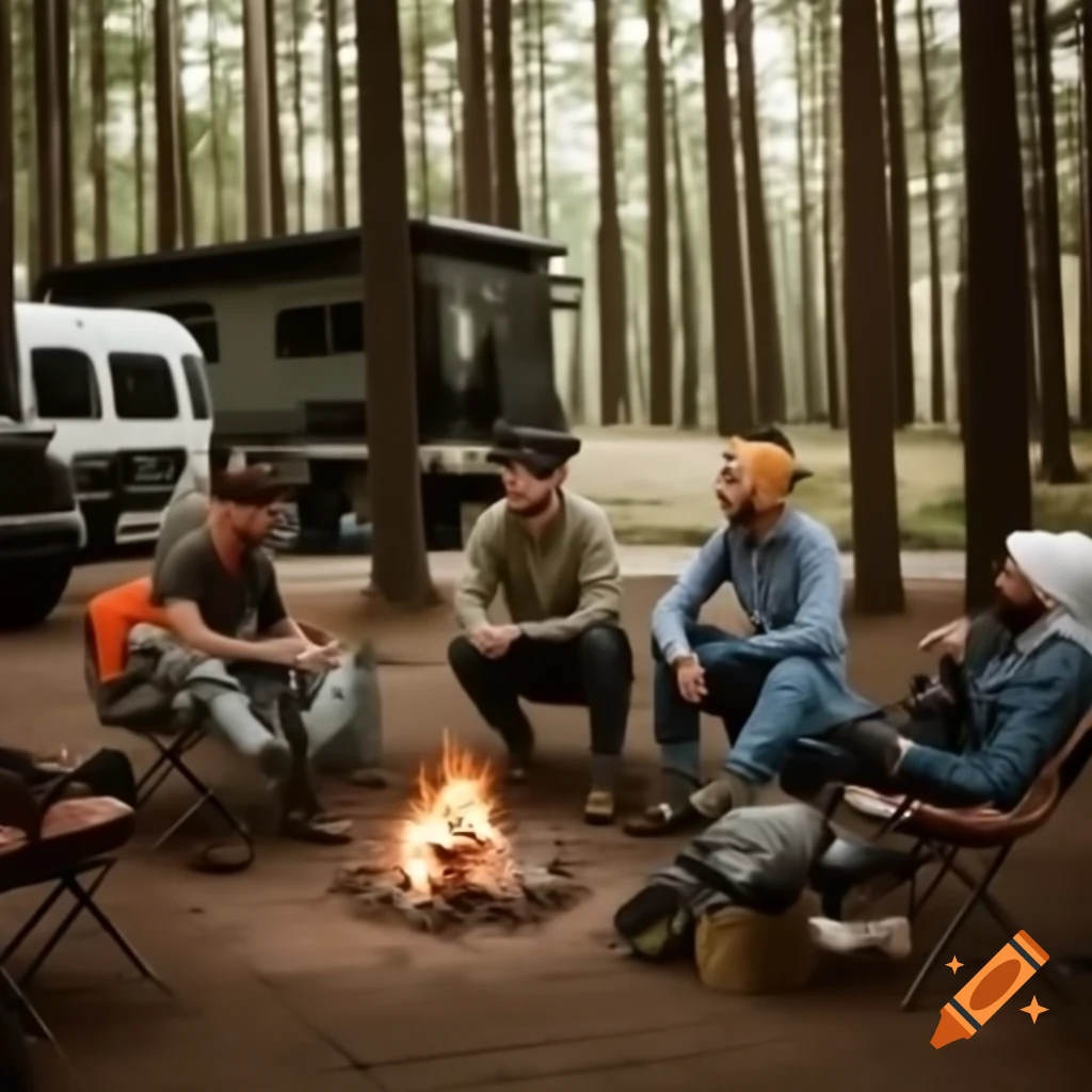 Group of mid-50s men camping in Arkansas woods with campfire and off-road vehicles