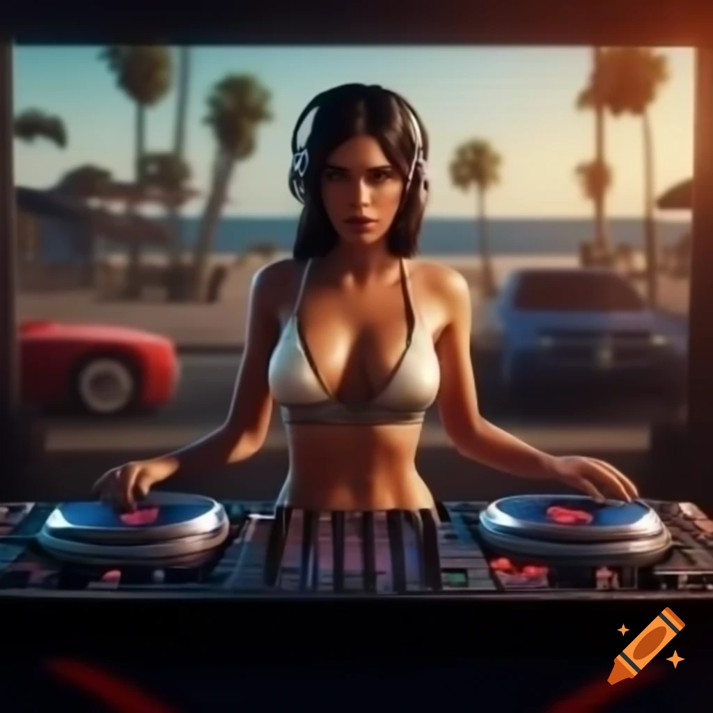 DJ woman at beach party in Grand Theft Auto style artwork