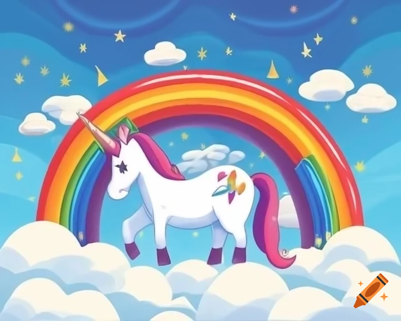 Unicorn standing in front of a vibrant rainbow