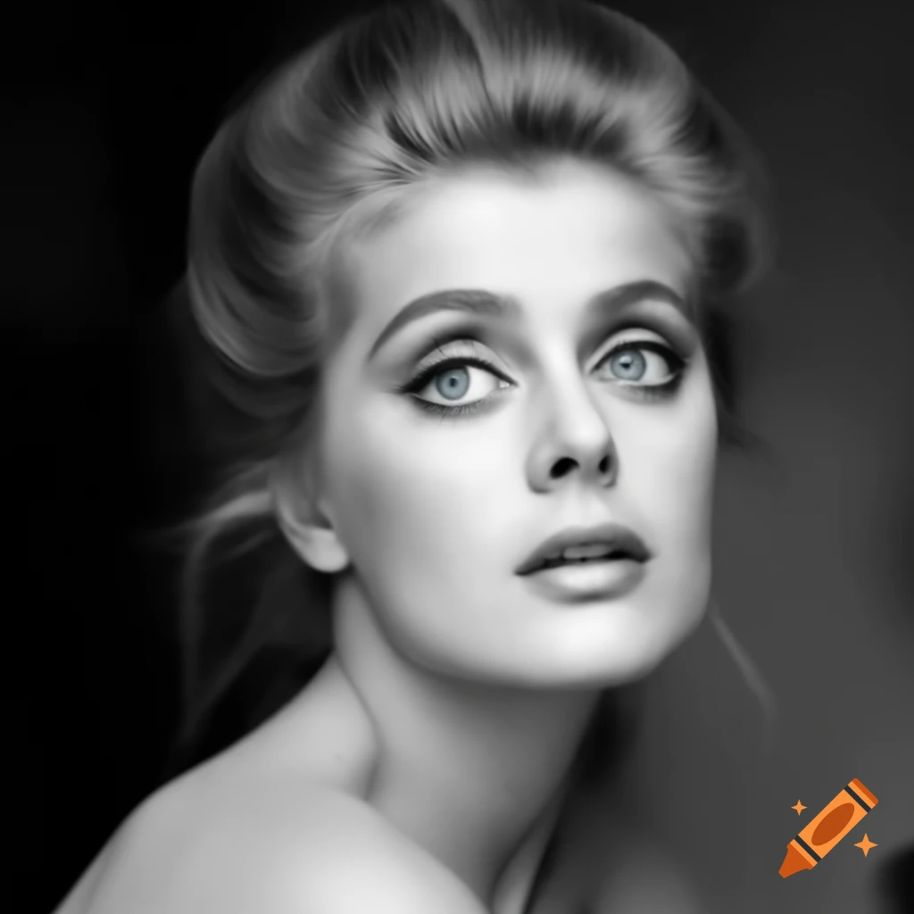 Candid shot of a charming European actress from 1963 with porcelain skin and blue eyes