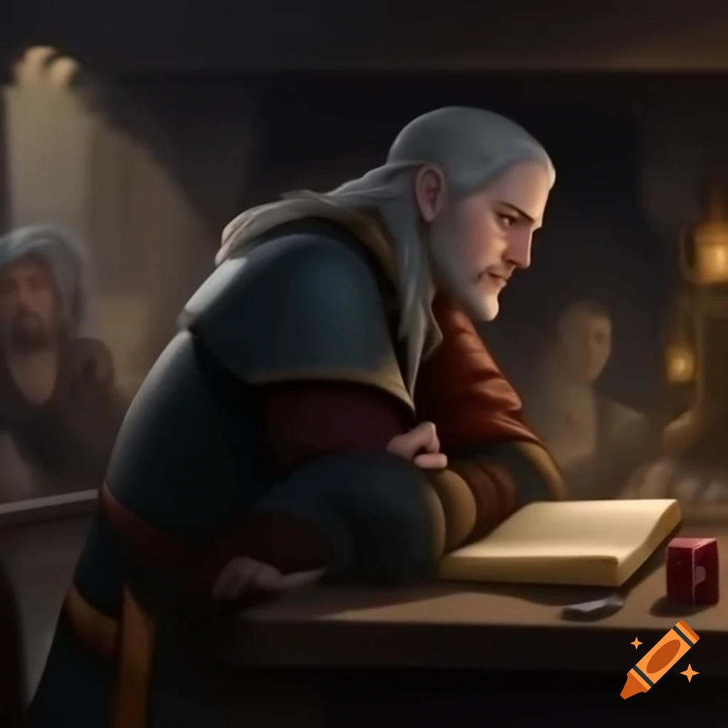 Caucasian male in medieval leathers holding a scroll and dice on wooden table