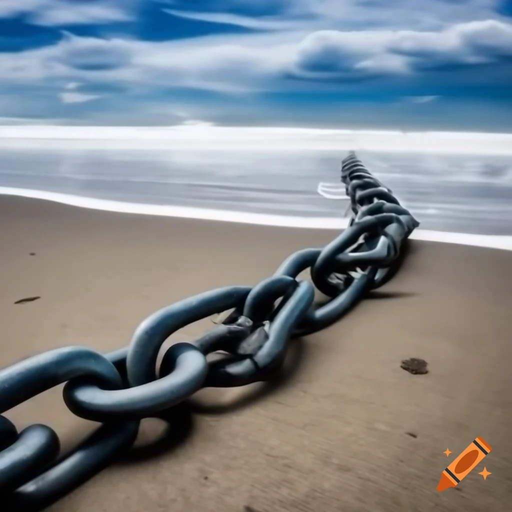 Thick iron chain winding from shore into the sea