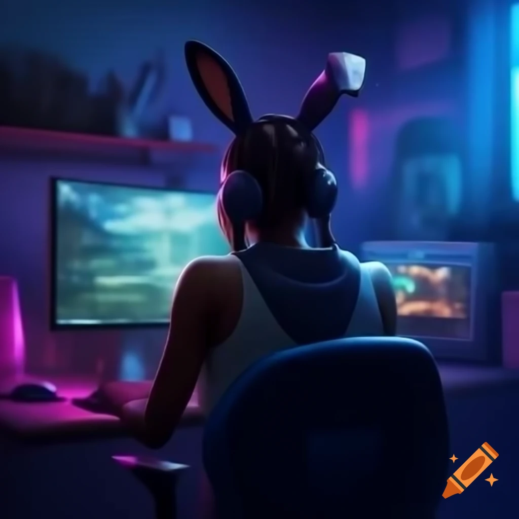 African American woman with box braids gaming on computer wearing bunny ear headphones