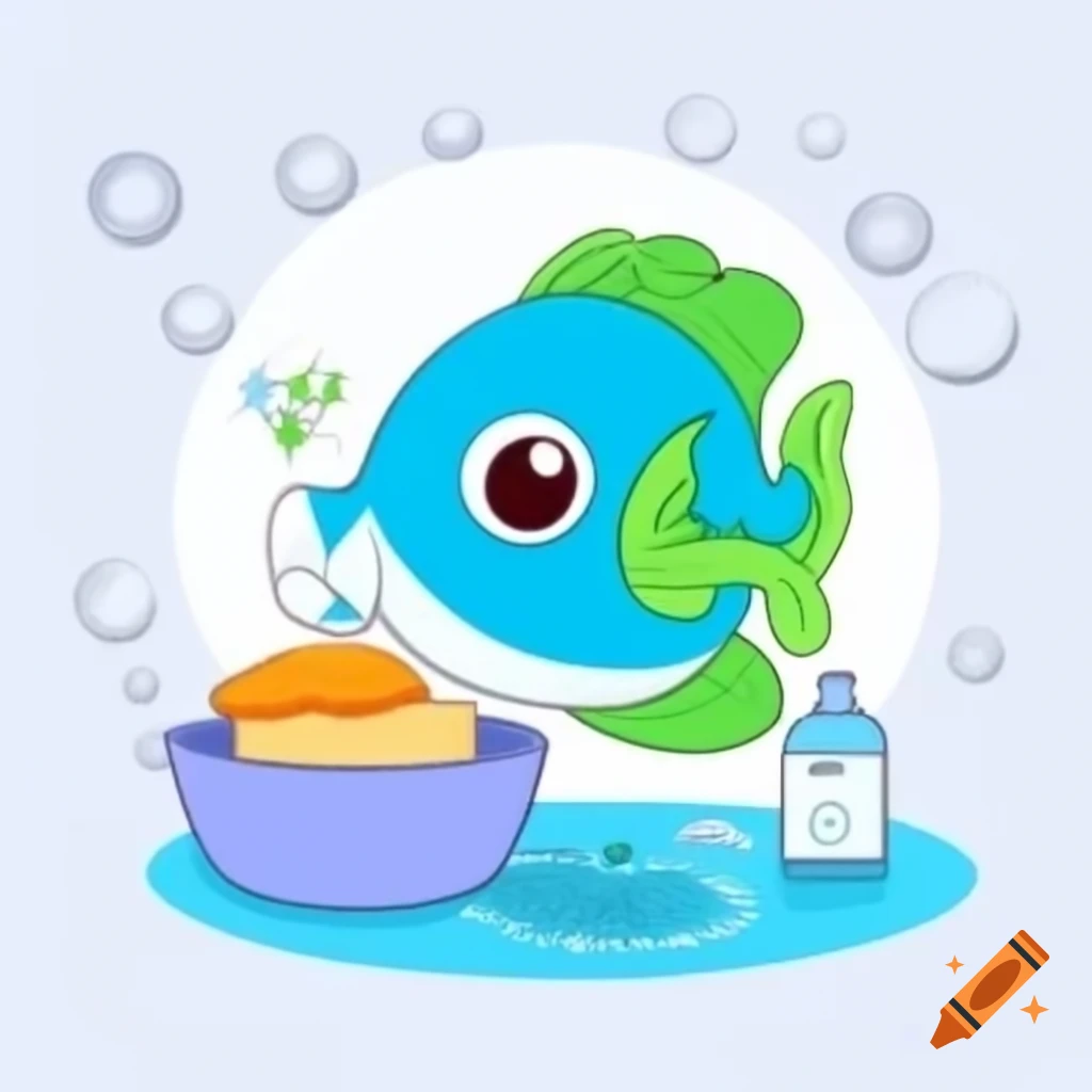 Cheerful cartoon fish in apron scrubbing dishes at sink with bubbles