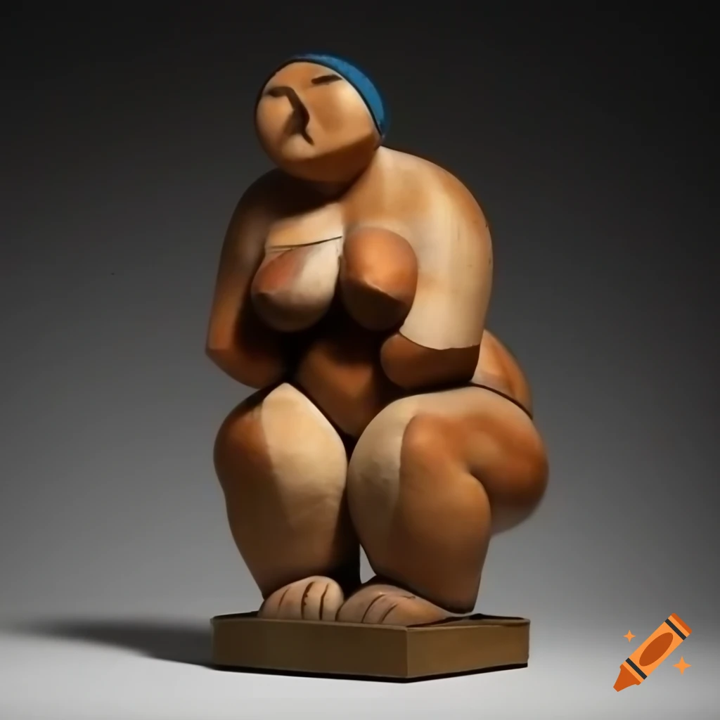 Cubist sculpture of female figure in folklore style with rough wood and engravings