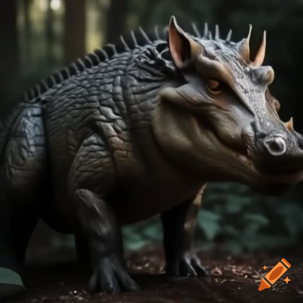 Hyper realistic fantasy creature hybrid of wild boar and crocodile with fur and scales