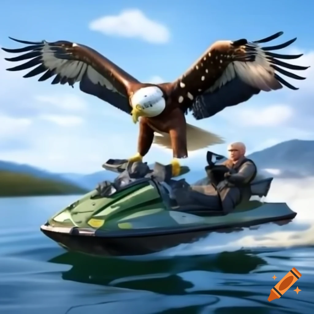 Eagle flying over lake with a person on jetski