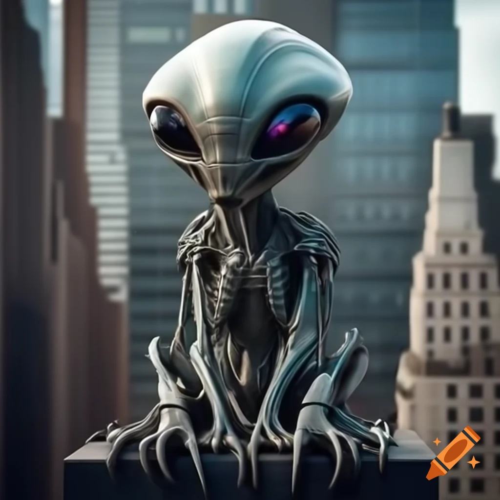 Metallic alien with fractal eyes on New York skyscraper, comic book art style